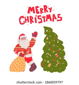 Santa claus with gift, merry christmas. Funny cartoon character.