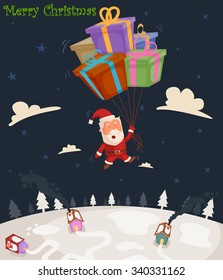 Santa Claus with gift for Merry Christmas holiday greeting card background in vector