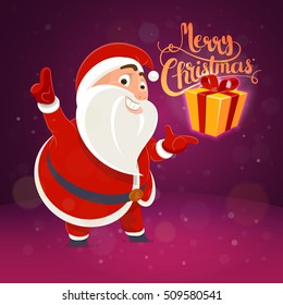 Santa Claus with a gift on a palm card concept, poster lettering idea celebratory banner