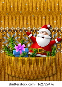 Santa Claus, gift, pine twigs in knitted pocket. Jumper fragment with christmas symbols and pattern. Vector illustration for new year's day, christmas, winter holiday, new year's eve, silvester, etc