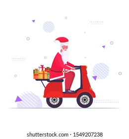 santa claus with gift present boxes riding vintage scooter merry christmas happy new year holiday celebration concept greeting card full length vector illustration