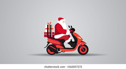 santa claus with gift present boxes riding delivery scooter merry christmas happy new year winter holidays celebration concept full length horizontal vector illustration