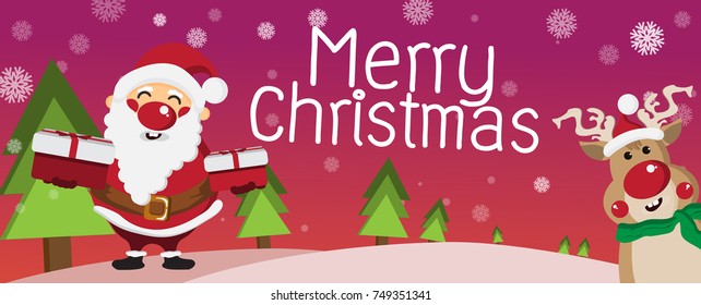 Santa Claus with gift and Reindeer cartoon characters for Christmas Greeting,on pink background with snowflakes, Happy New Year Concept, design for Card and poster,Vector illustration.