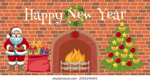 Santa Claus with gift sack, decorated Christmas tree, and lit fireplace on a brick wall background. Happy New Year text with wreath and poinsettia. Holiday illustration for greeting card and banner.