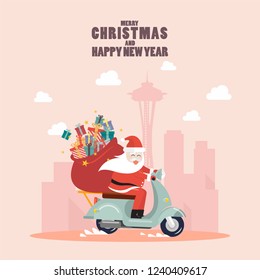 Santa Claus with a gift sack riding a scooter in big city. Vector illustration