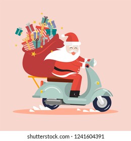 Santa Claus with a gift sack riding a scooter. Christmas holiday theme design element for greeting cards