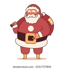 Santa Claus with gift sack vector Christmas cartoon character isolated on a white background.