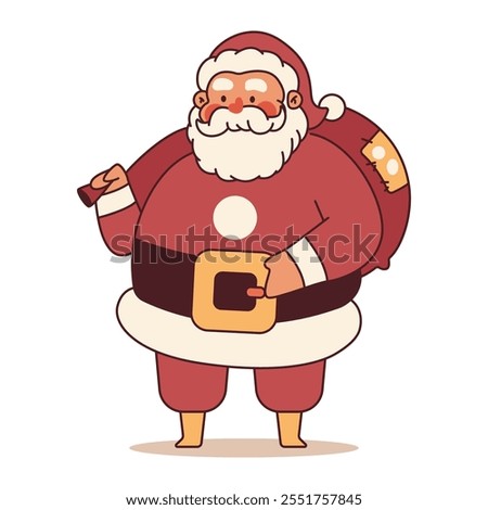 Santa Claus with gift sack vector Christmas cartoon character isolated on a white background.