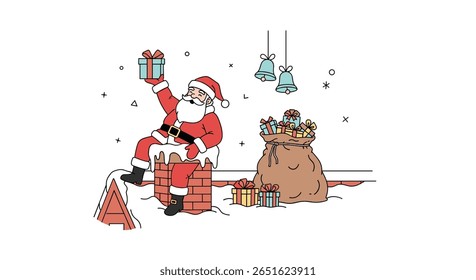 Santa Claus with a Gift and Sleigh Full of Presents Ready for Christmas Delivery