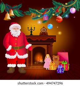 Santa Claus with gift standing by the fireplace. Christmas tree branch decorated with glass balls and garlands.