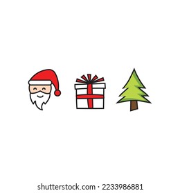 Santa claus, gift, tree, cristmas. Vector hand drawn flat icon template