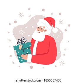Santa Claus with gift, vector illustration in flat style