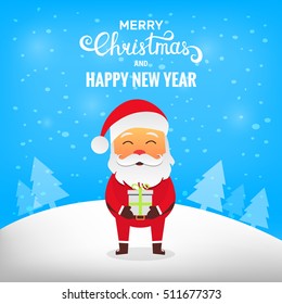 Santa Claus with gift.  Santa Claus in winter snow scene