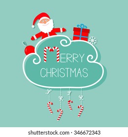 Santa Claus, giftbox, snowflake, ball. Merry Christmas card. Hanging Candy Cane. Dash line with bow. Flat design. Blue background. Vector illustration