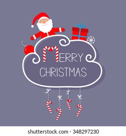 Santa Claus, giftbox, snowflake, ball. Merry Christmas card. Hanging Candy Cane. Dash line with bow. Flat design. Violet background. Vector illustration