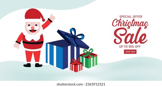 Santa Claus with gifts announces holiday discounts. Christmas sale time for gifts