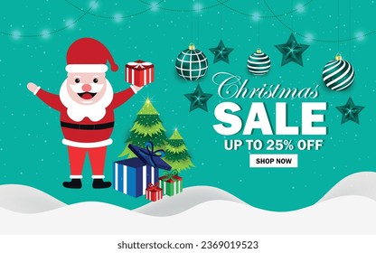 Santa Claus with gifts announces holiday discounts. Christmas sale time for gifts