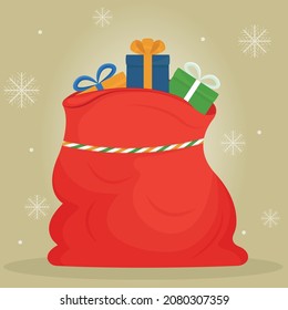 Santa Claus gifts in bag. Christmas presents sack, pile of gifts prize sackful and fun surprise xmas present with cartoon ribbon bow, snow. Greeting new year vector illustration