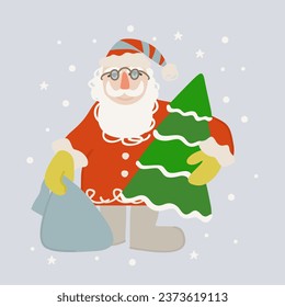 Santa Claus with gifts bag and fir. Vector illustration.