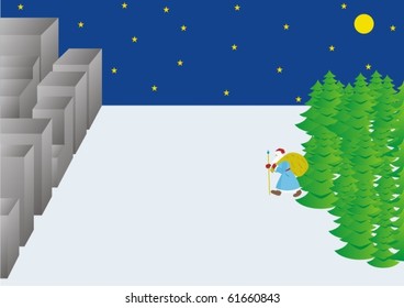 Santa Claus with gifts in the bag goes into the city from the forest.