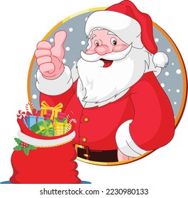 Santa Claus and gifts with bag on white background.