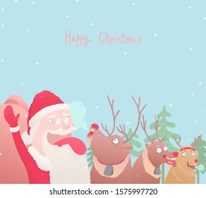 Santa claus with gifts bag and reindeer and golden retriever dog in disguise as deer, Funny Christmas card template