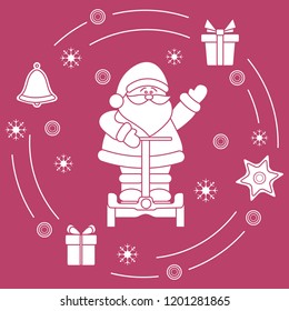 Santa Claus, gifts, bell, gingerbread, star, snowflakes. New Year and Christmas symbols.