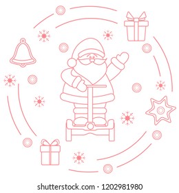Santa Claus, gifts, bell, gingerbread, star, snowflakes. New Year and Christmas symbols.