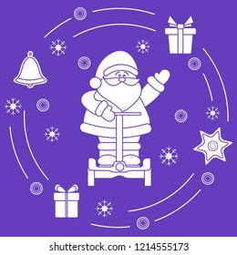 Santa Claus, gifts, bell, gingerbread, star, snowflakes. New Year and Christmas symbols.