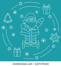 Santa Claus, gifts, bell, gingerbread, star, snowflakes. New Year and Christmas symbols.