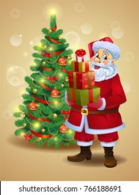 Santa Claus with gifts beside a Christmas tree, a vector illustration in traditional style