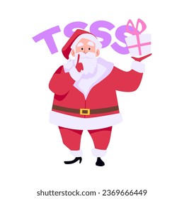 Santa Claus with gifts box showing to be silent gesture and say tsss. Vector illustration merry christmas and happy new year. Secret santa present. Retro gray bearded old man cartoon character