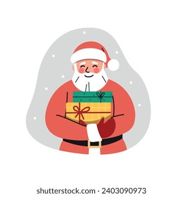 Santa Claus with gifts boxes. Christmas vector flat cartoon illustration
