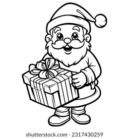 Santa Claus with gifts and candy cane outline line art doodle cartoon illustration.