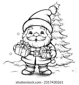 Santa Claus with gifts and candy cane outline line art doodle cartoon illustration.