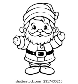 Santa Claus with gifts and candy cane outline line art doodle cartoon illustration.