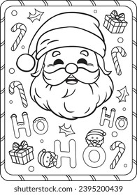 Santa Claus with gifts and candy cane cartoon illustration. Merry Christmas. Coloring page. Activity book for kids and adults.