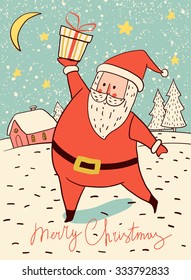 Santa Claus with gifts. Christmas card.