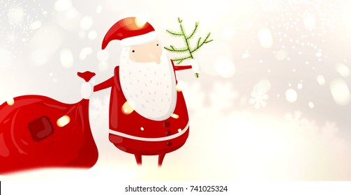Santa Claus with gifts | Christmas Snowflakes Blurred White Silver Background | New Year vector illustration