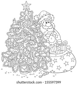 Santa Claus with gifts and Christmas tree