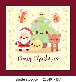 Santa Claus with gifts christmas tree and rudolph the reindeer christmas card