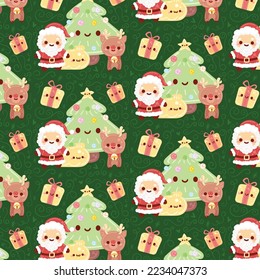 Santa Claus with gifts christmas tree and rudolph the reindeer christmas pattern background