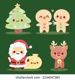 Santa Claus with gifts christmas tree gingerbread man cookies rudolph the reindeer christmas stickers set template