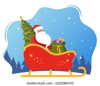 Santa Claus with gifts and Christmas tree on Sleigh. Christmas Greeting card vector illustration