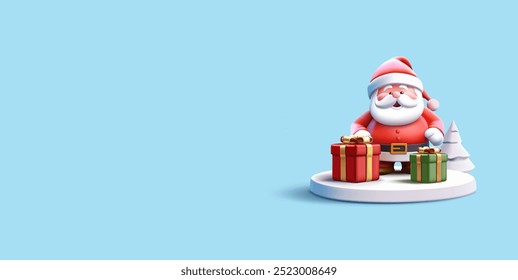 Santa Claus with gifts and a Christmas tree on a white podium, 3D. Cute funny image to celebrate Merry Christmas. Promotional sales, discounts, and parties. Vector illustration.