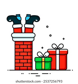 Santa Claus with gifts climbs up the chimney for Christmas and New Year. vector template on white background.