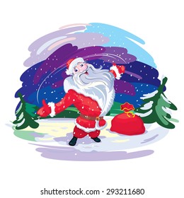 Santa Claus with gifts congratulating us
