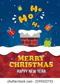 Santa Claus with gifts fell into the chimney of the fireplace. Christmas Eve. Merry Christmas and New Year card