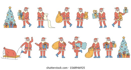 Santa Claus with gifts flat charers set. People wearing red Christmas costumes carrying presents. Reading wish list. Traditional Xmas mascot near fir tree holding sack with gifts.