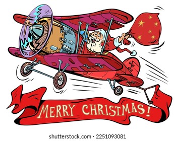 Santa claus with gifts flies on a retro plane on a neutral background. Merry christmas inscription. Holidays and new year theme. Cheerful old man character with a beard